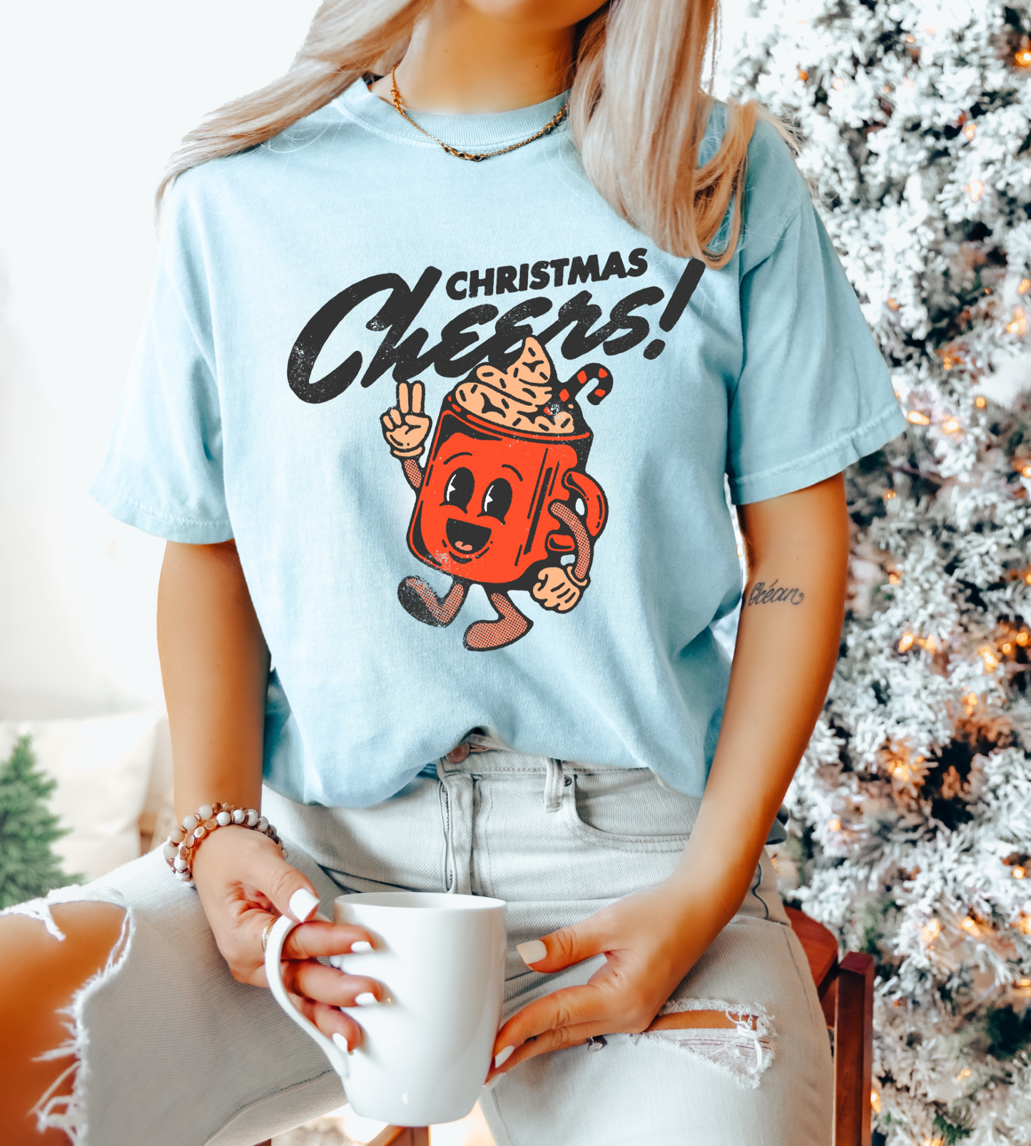 Frosty Blue Hot Cocoa Vintage Christmas Tee